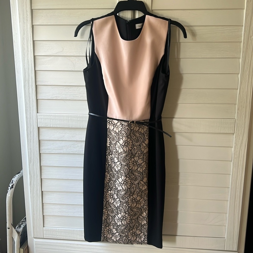 Calvin Klein black and pink lace belted dress